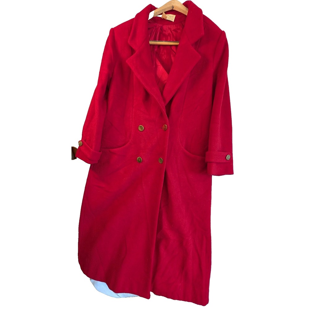 VTG Women's Size 12P Long  Wool Ruby Red Trench Coat Double Breast Bert Newman
